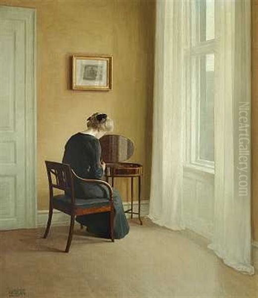 Ung Pige Ved Sybordet Oil Painting by Karl Harald Alfred Broge