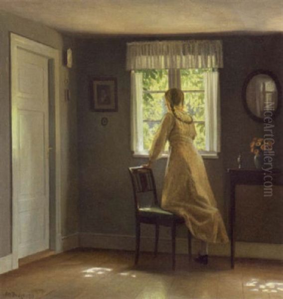 Interior Med Pige, Der Ser Ud Ad Vinduet Oil Painting by Karl Harald Alfred Broge