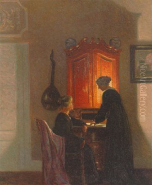 Interior Med To Kvinder Ved Et Chatol, Aftenstemning Oil Painting by Karl Harald Alfred Broge