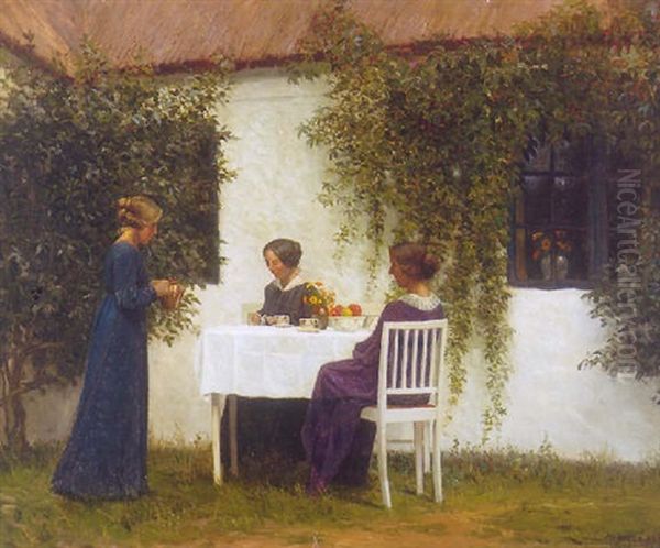 Tre Kvinder Drikker The Foran Strataekt Hus Med Vildtvoksende Ranker Oil Painting by Karl Harald Alfred Broge