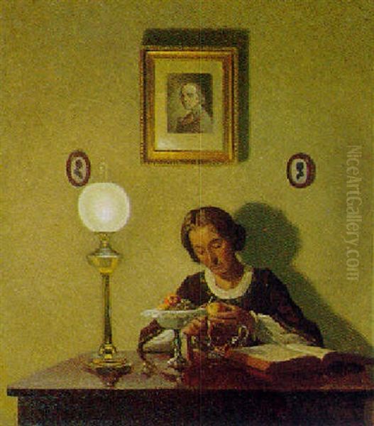 Interior Med Ung Pige Der Skraeller Et Aeble Oil Painting by Karl Harald Alfred Broge