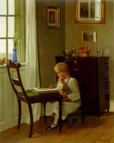 A Young Girl Seated Reading Before A Window Oil Painting by Karl Harald Alfred Broge