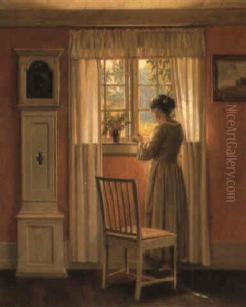 A Lady At A Window In A Pink Room Oil Painting by Karl Harald Alfred Broge