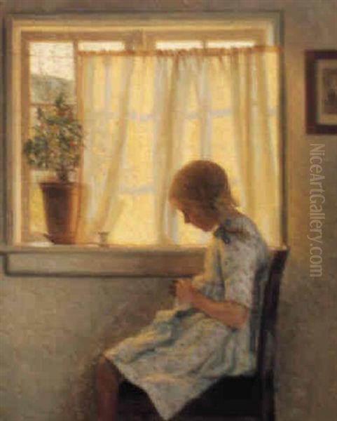 A Young Girl Sewing Oil Painting by Karl Harald Alfred Broge