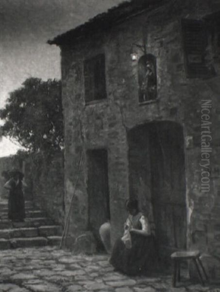 Handarbetende Kvinna Vid Hus Oil Painting by Karl Harald Alfred Broge