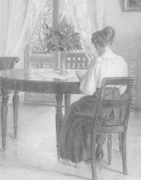 Lady Reading A Book Oil Painting by Karl Harald Alfred Broge