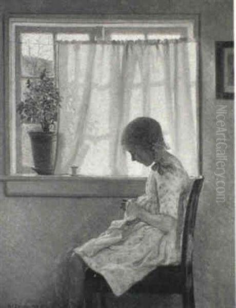 Lille Pige Ved Sytojet Oil Painting by Karl Harald Alfred Broge