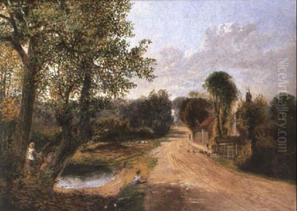 Children Playing On A Country Road Oil Painting by Edward Adveno Brooke