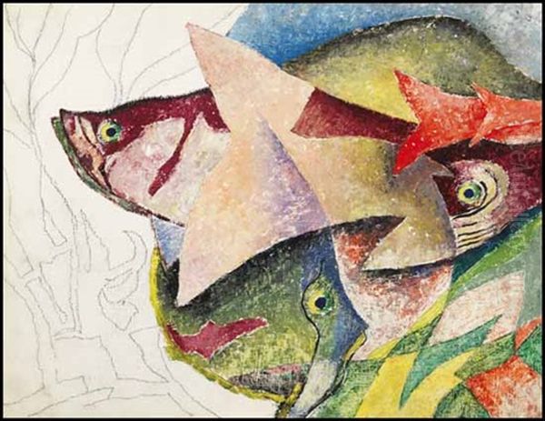 Abstract Fish Oil Painting by Bertram Richard Brooker