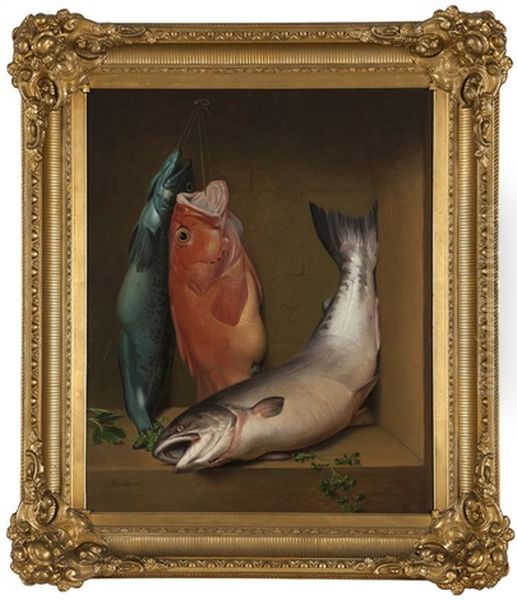 Still Life With Ling Cod, Red Vermillion And Salmon Oil Painting by Samuel Marsden Brookes