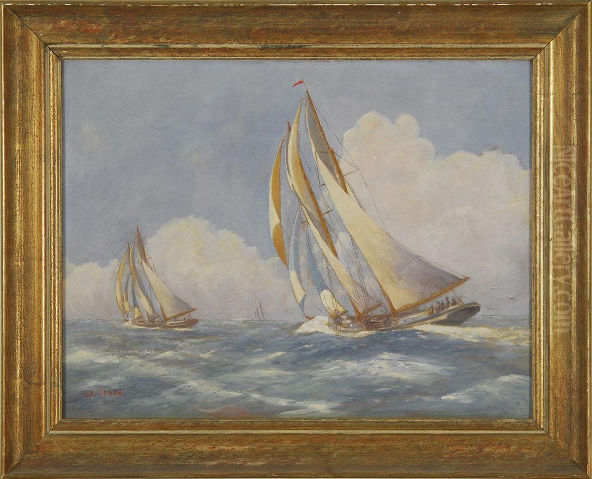 Yachts Racing. Signed Lower Left J.a. Chase Oil Painting by Charles John Allen