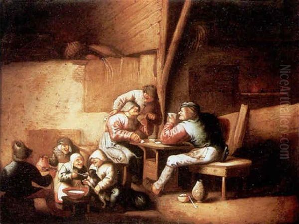 Peasants Playing Cards In An Interior Oil Painting by Adriaen Brouwer