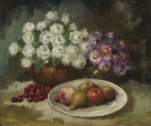 Still Life With Flowers And Fruits Oil Painting by Jules Brouwers