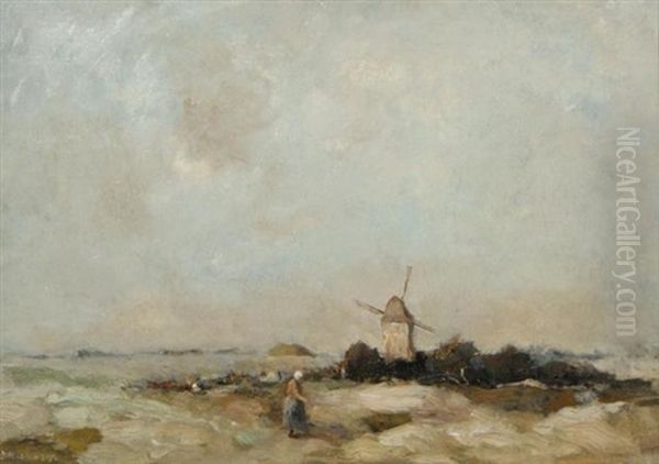 Mill In Landscape With Farmer's Wife Oil Painting by Jules Brouwers