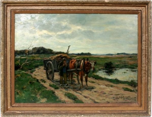 Ox Pulling Cart Oil Painting by Jules Brouwers