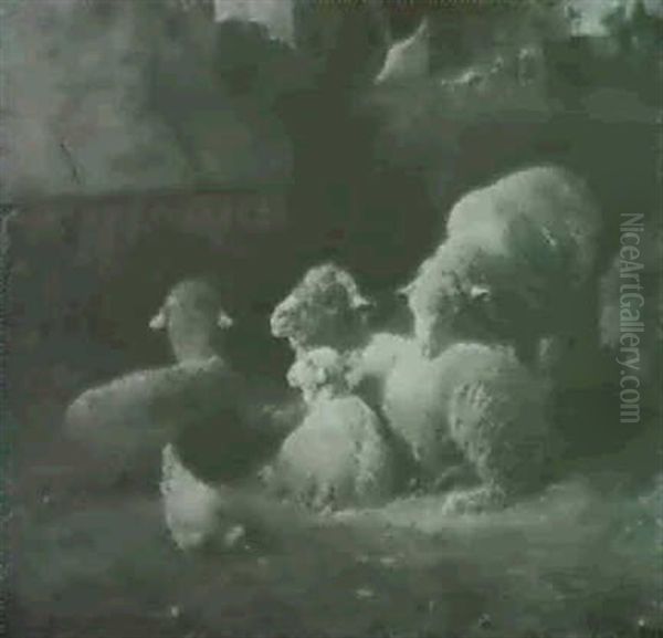 Schafe Vor Einer Futteraufe In Sonnendurchfluteter Scheune Oil Painting by Arnesby Brown