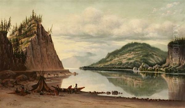 Panoramic Lake Scene - Teepee, Canoe And Figures Oil Painting by Grafton Tyler Brown