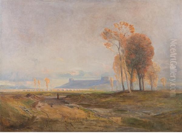 Italian Landscape With Bridge And Fortified Town Oil Painting by Sir John Alfred Arnesby Brown