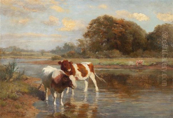 Cattle Watering In A Landscape Oil Painting by Sir John Alfred Arnesby Brown