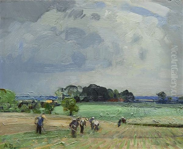 Figures Hoeing Oil Painting by Sir John Alfred Arnesby Brown