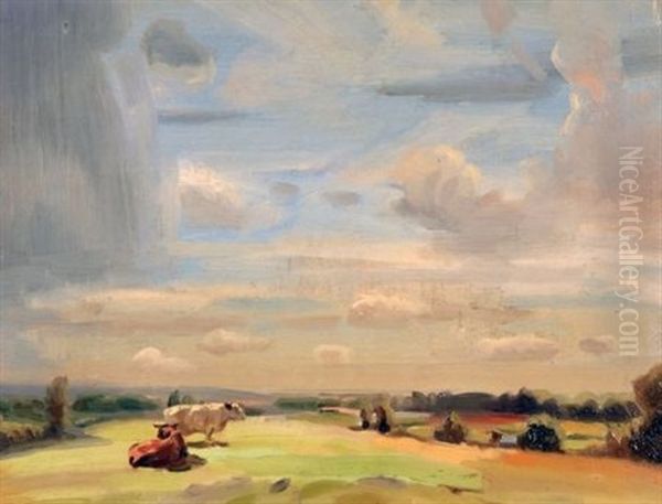 Cattle Grazing Under Summer Skies Oil Painting by Sir John Alfred Arnesby Brown