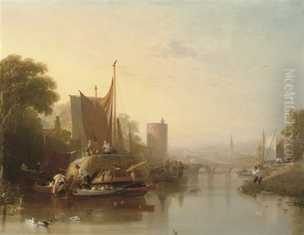 Hay Barges On A River Oil Painting by Sir John Alfred Arnesby Brown