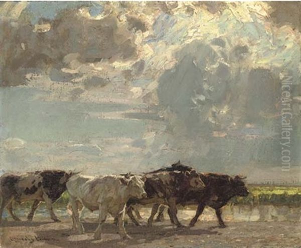 A Herd Of Cows Crossing A Marsh Oil Painting by Sir John Alfred Arnesby Brown