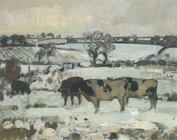 Cattle In A Winter Landscape Oil Painting by Sir John Alfred Arnesby Brown