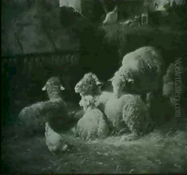 Stallinterieur Mit Ruhenden Schafen Und Huhnern Oil Painting by Sir John Alfred Arnesby Brown