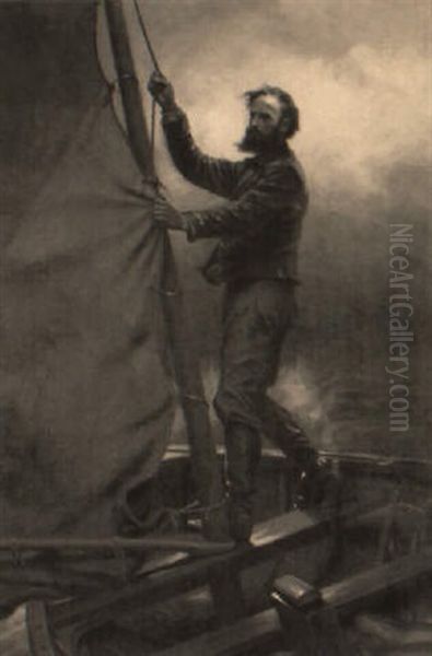 Man Lowering Sail Of Small Boat Oil Painting by John George Brown