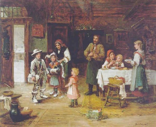 Uberraschender Besuch An Einem Wintertag Oil Painting by Lajos Bruck