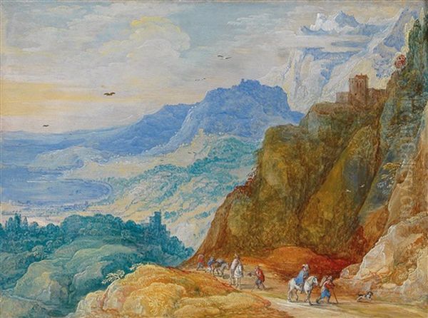 A Mountainous Landscape With Travellers On A Path Oil Painting by Jan Brueghel the Elder