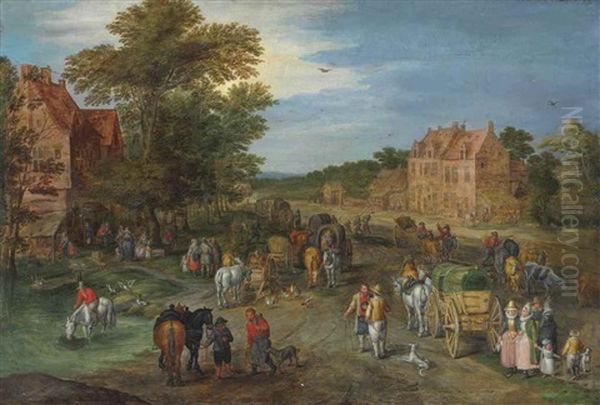 A Village With Travelers And Covered Wagons On A Country Road Oil Painting by Jan Brueghel the Elder