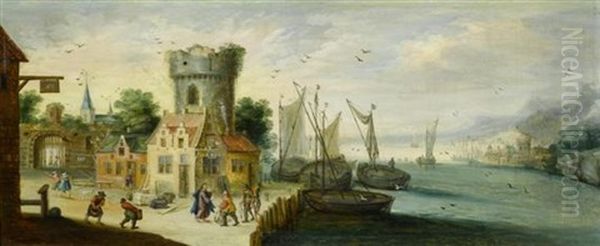 Flamischer Hafen Mit Der Biblischen Szene: Christus Trifft Petrus Oil Painting by Jan Brughel