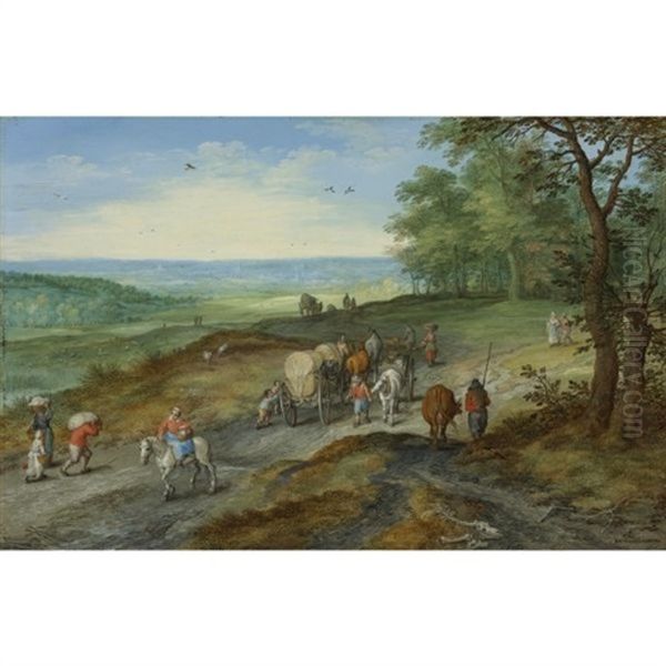 A Panoramic Landscape With A Covered Wagon And Travelers On A Highway Oil Painting by Jan Brueghel the Elder