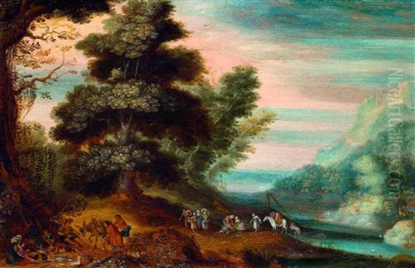 Lagerndes Gesinde Vor Weiter Baumlandschaft Und Fischern Am Fluss Oil Painting by Jan Brughel
