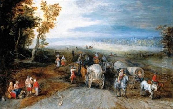 An Extensive Wooded Landscape With Wagons, Carts, Horsemen And Travellers On A Path Oil Painting by Jan Brueghel the Elder