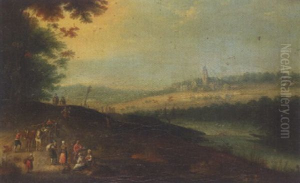 A River Landscape With Waggoners Beside A Road, A Church Beyond Oil Painting by Jan Brueghel the Elder