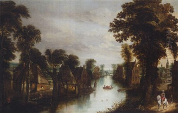 A Village By A River With A Gentleman On Horseback On A Track Oil Painting by Jan Brueghel the Elder