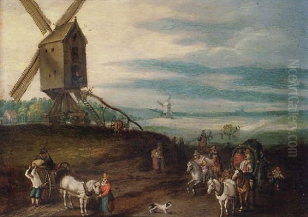 A Broad Landscape With Travellers And Wagons On A Path By A Windmill Oil Painting by Jan Brueghel the Elder