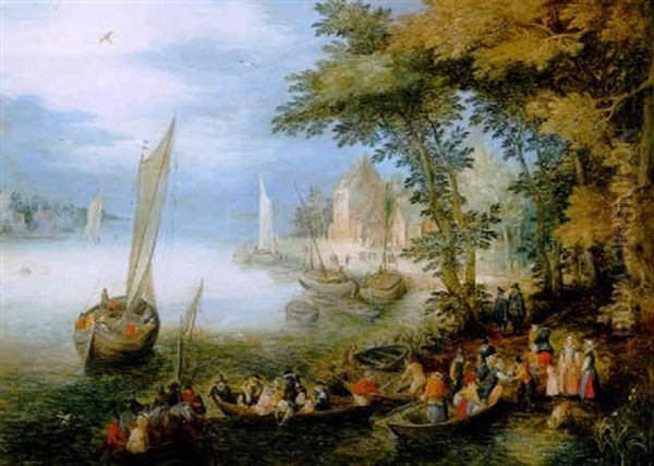 A River Landscape With A Ferry Arriving Near A Landingstage, A Sailing Vessel Nearby Oil Painting by Jan Brueghel the Elder