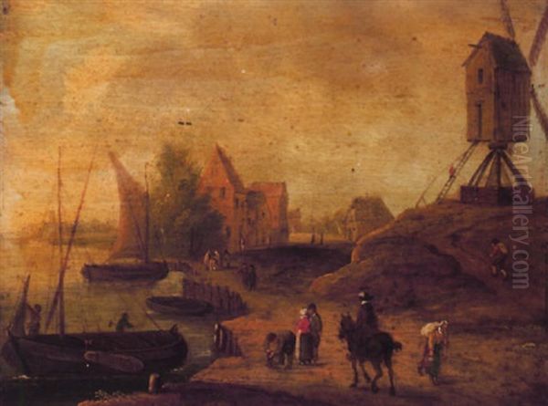 A Flemish Harbour Scene With Fisherfolk And A Windmill Oil Painting by Jan Brueghel the Elder