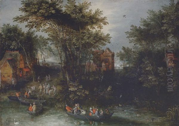 A Wooded Landscape With Peasants Crossing A River, A Village Beyond Oil Painting by Jan Brughel
