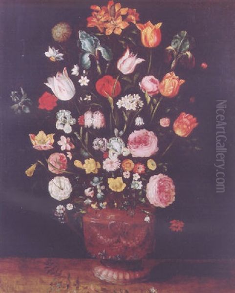Roses, Tulips, Lilies And Other Flowers In A Sculpted Vase On A Wooden Ledge Oil Painting by Jan Brueghel the Elder