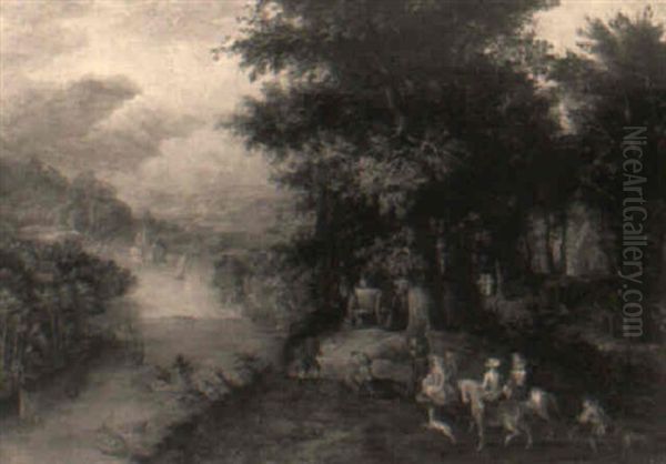 An Extensive River Landscape With A Hunting Party And Travellers On A Path Oil Painting by Jan Brueghel the Elder
