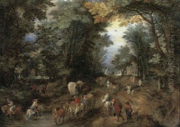 Travellers On A Wooded Path Before A Village Oil Painting by Jan Brueghel the Elder