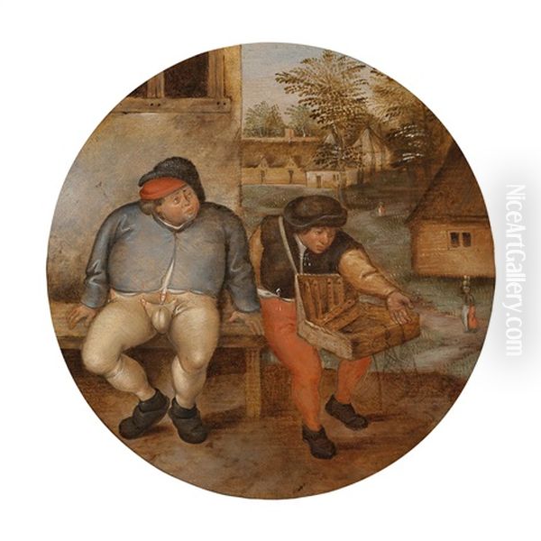 The Fat Peasant And The Peddler Sitting On A Bench Oil Painting by Pieter Brueghel the Younger