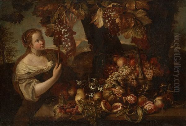 Girl With Grapes And Still Life With Fruit Oil Painting by Abraham Brueghel