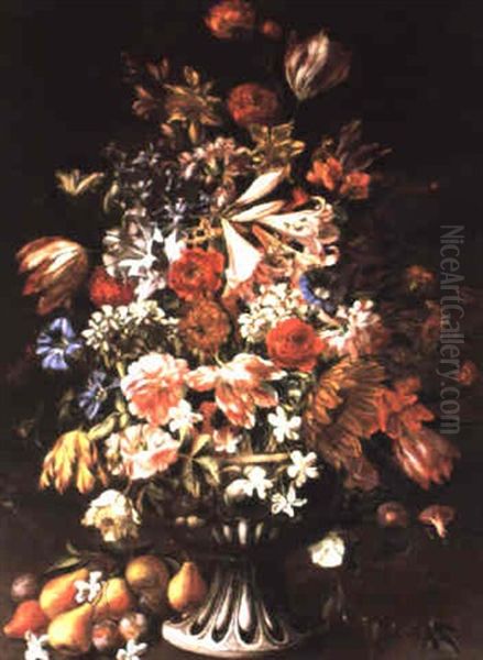 Groser Blumenstraus In Einer Steinernen Prunkvase Mit Fruchten Oil Painting by Abraham Brueghel