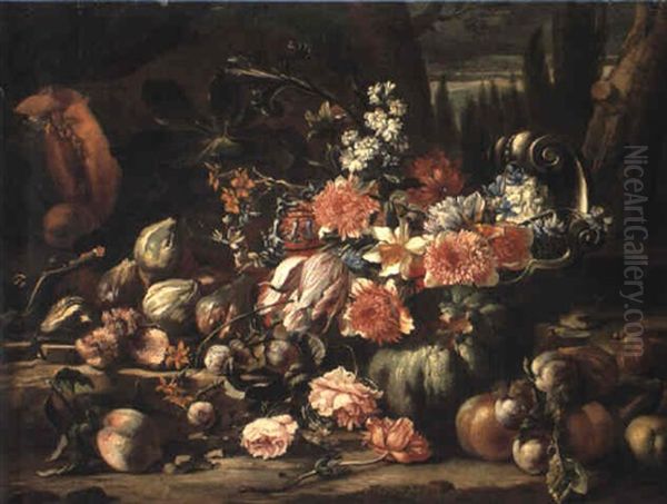 Flowers In A Silver Fruit Dish And Fruit On A Rocky Bank Oil Painting by Abraham Brueghel